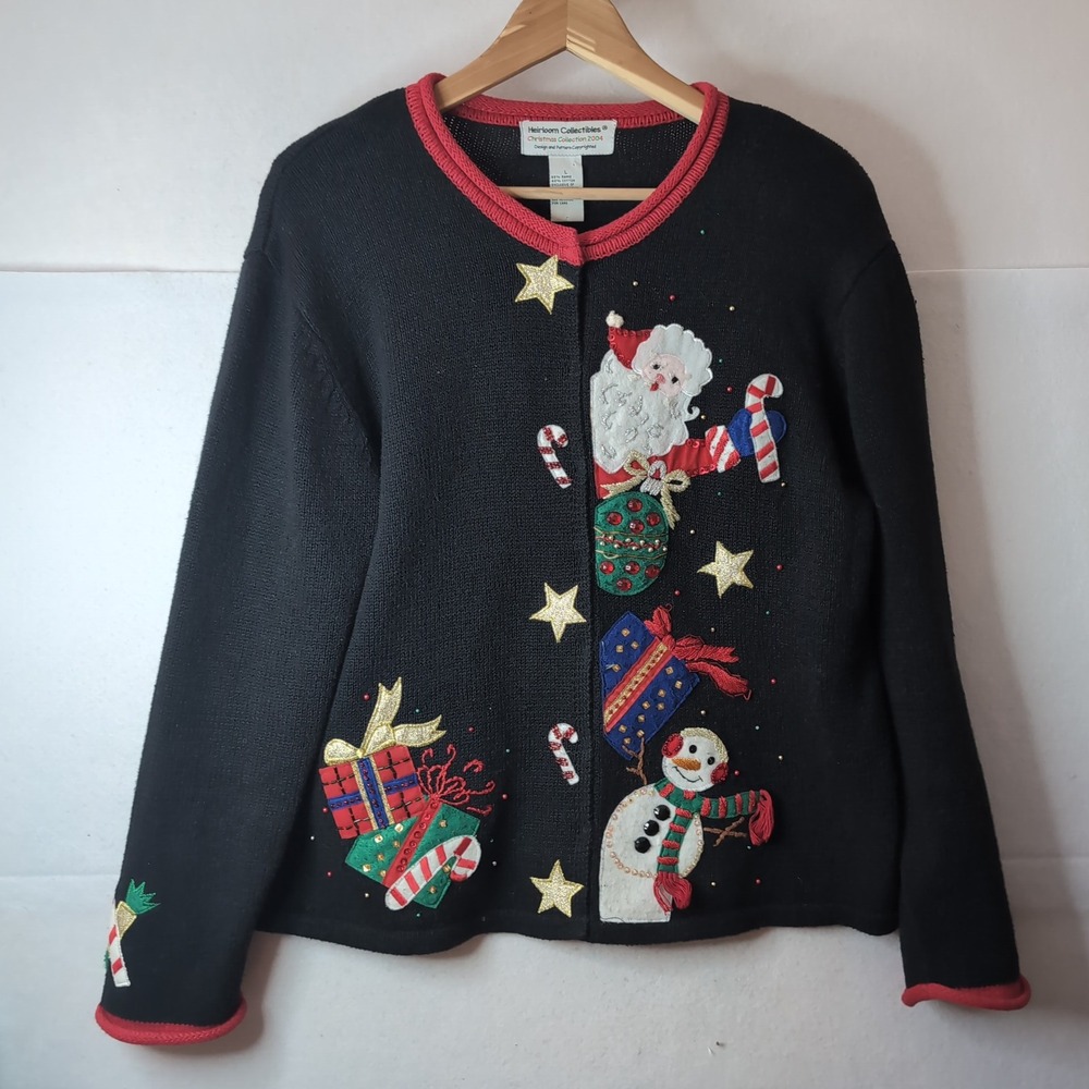 Heirloom Collectibles Vintage 2004 Christmas Cardigan Sweater Santa Snowman L